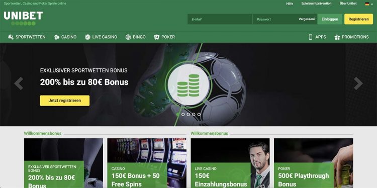 Unibet Homepage in Deutschland