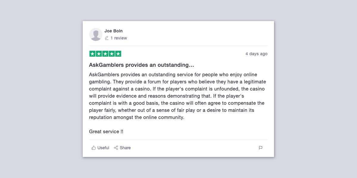 Gutes Review von AskGamblers auf Trustpilot