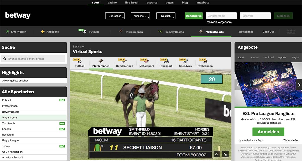 Virtuelle Sportereignisse bei Betway